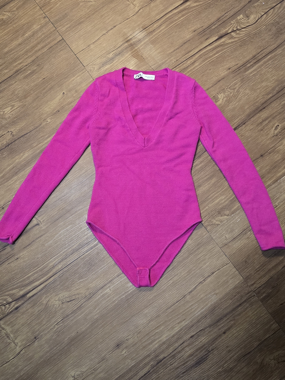 Zara Long Sleeve One-Piece Knit Bodysuit - Fuchsia Pink - Small